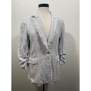 Maison d'Amélie Paris Blazer Size 6 Blue White Tweed Frayed‎ Ruched Sleeve